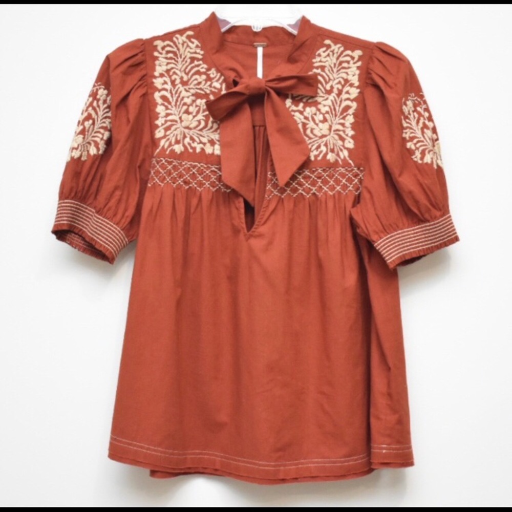 Free People Rust smocked Bow Neck Bohemian Top EUC